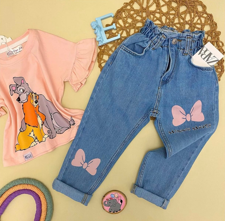 شلوار دخترانه جین طرح مینی موس
